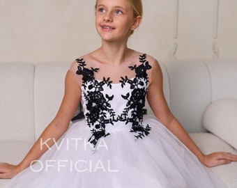 Black Lace Flower Girl Dress, Girl Dress with train, White Flower Girl Dress, Black flower girl dress