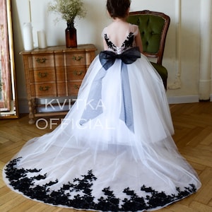 Flower Girl Dress, Black Girl ball gown with train, White Flower Girl Dress with Bow