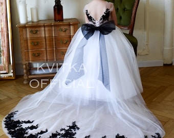 Flower Girl Dress, Black Girl ball gown with train, White Flower Girl Dress with Bow