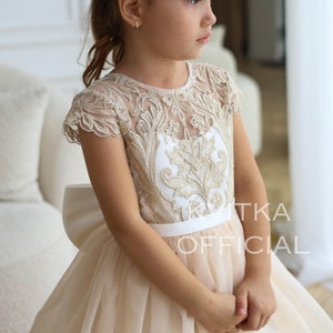Flower Girl Dress with Big Satin Bow, Gold Toddler Girl Dress, Tulle flower girl dress, Lace Baby wedding dress