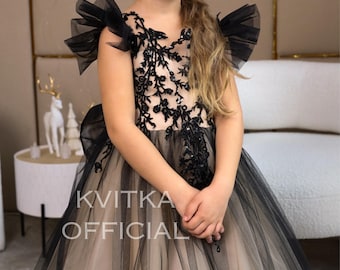 Black Girl Dress with train, Flower girl dress black, Tulle girl dress, Baby flower dress, Girl ball gown, Tutu girl dress