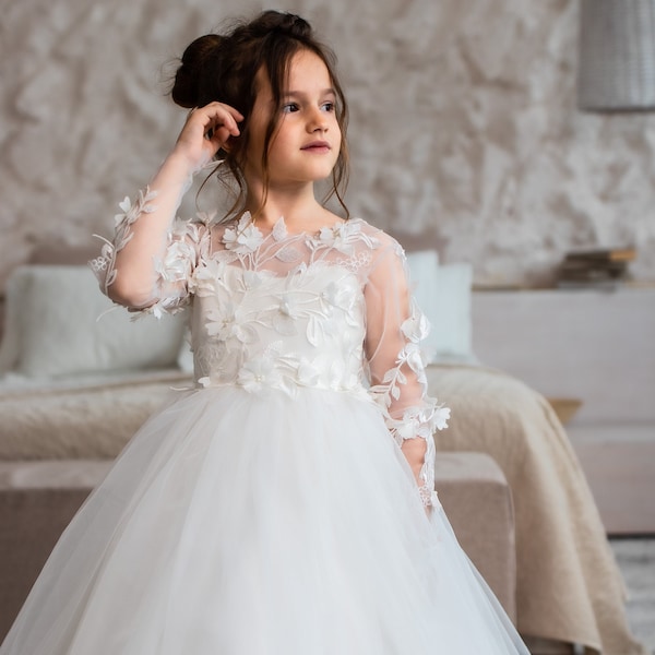 Flower Girl Dress with long Mesh Sleeves and Organza Overlay by TIPTOP KIDS - AS1201 main image 1