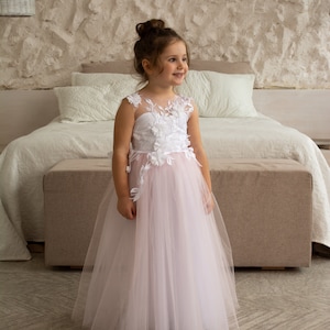 Pink Flower girl dress train,Girl ball gown,Ivory flower girl dress, Tutu girl dress