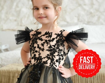 Black Flower girl dress train,Girl ball gown,Ivory flower girl dress, Tutu girl dress