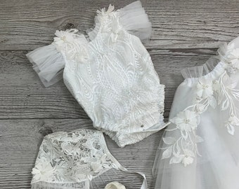 Boho Smash Cake Outfit Girl Romper Baby Lace Dress Photo prop, White Cream Floral Shabby Chic Photoshoot Pictures 1st Birthday, Baptism