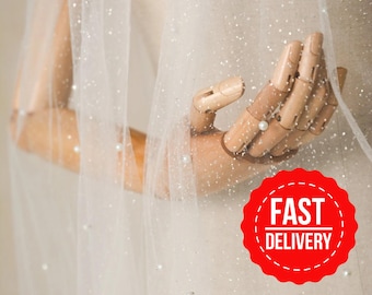 Shiny Bridal Veil, Sparkle Wedding Veil with pearls, Pearl Bridal Cathedral Veil