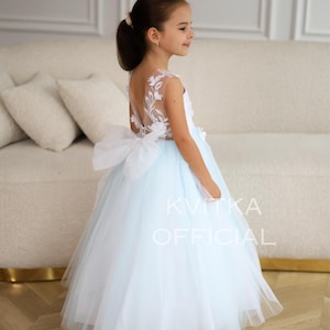 3D Flower girl dress with train,Blue Girl ball gown,Ivory flower girl dress