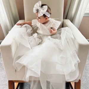 Baby Christening bodysuit, Tulle white christening gown with removable skirt, baptism gown