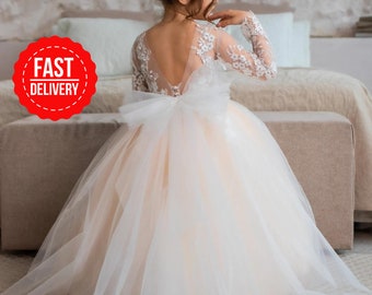 Long train flower girl dress, Tutu flower girl gown, Baby dress for wedding,  Ivory girl dress, Party girl dress