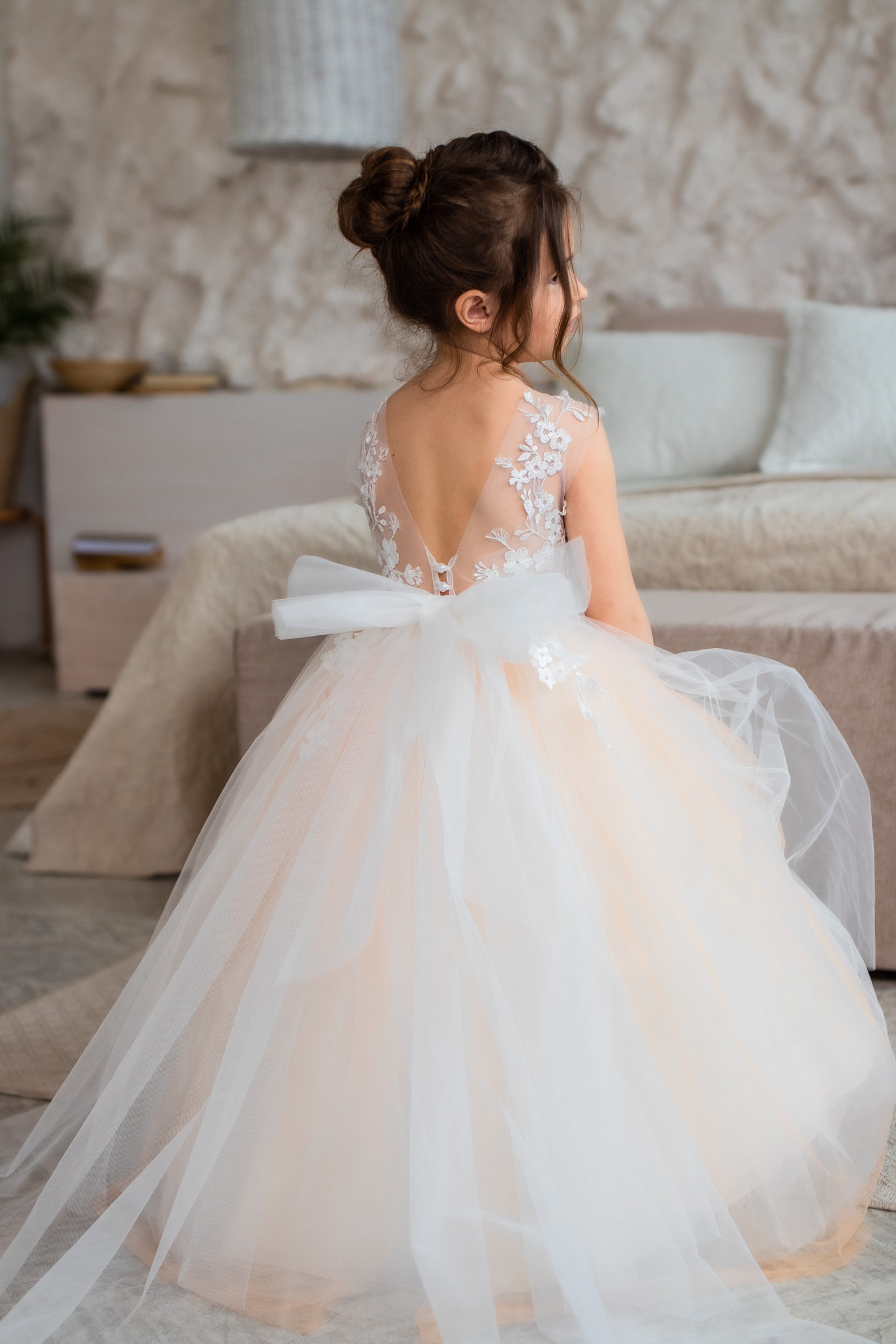 Nude Tutu Flower Girl Dress Baby Dress With Long Train Puffy Etsy