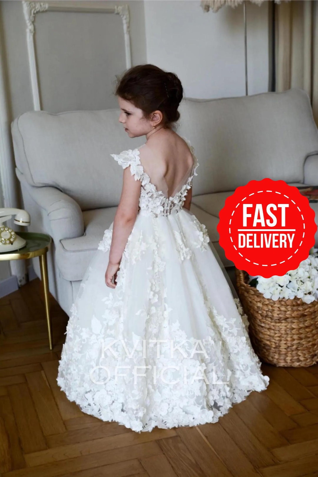 Ivory Lace Dress for Toddler, Little Girls Rustic Vintage Flower Girl Dress, FG0116