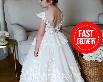 Lace Girl dress, Toddler flower girl dress, Ivory flower girl dress