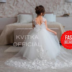 Flower girl dress train,Girl ball gown,Ivory flower girl dress, Tutu girl dress