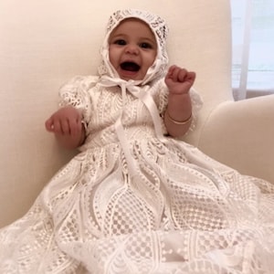 Baby girl blessing dress with lace, long skirt baptism gown, christening gown for baby girl,  Baby blessing gown, Christening dress