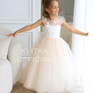 Flower girl dress tulle, Party girl dress, Lace flower girl dress with Sequins, Toddler Girl Dress, White Tulle Girl Dress