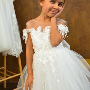 Vestido de niña de flores para niñas pequeñas, vestido de niña blanco abullonado, vestido de baile para niñas, vestido de niña de flores de encaje marfil, vestido de niña con tutú