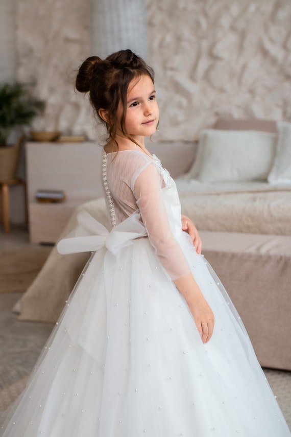 BNY Corner Cap Sleeve Beaded White Dress – Flower Girl, First Holy Communion, Church – Satin, Full-Length, Sizes 2-16