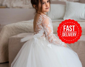 Flower girl dress train,Girl ball gown,Ivory flower girl dress, Tutu girl dress