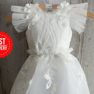 Baby Christening bodysuit, Tulle white christening gown with removable skirt, baptism gown