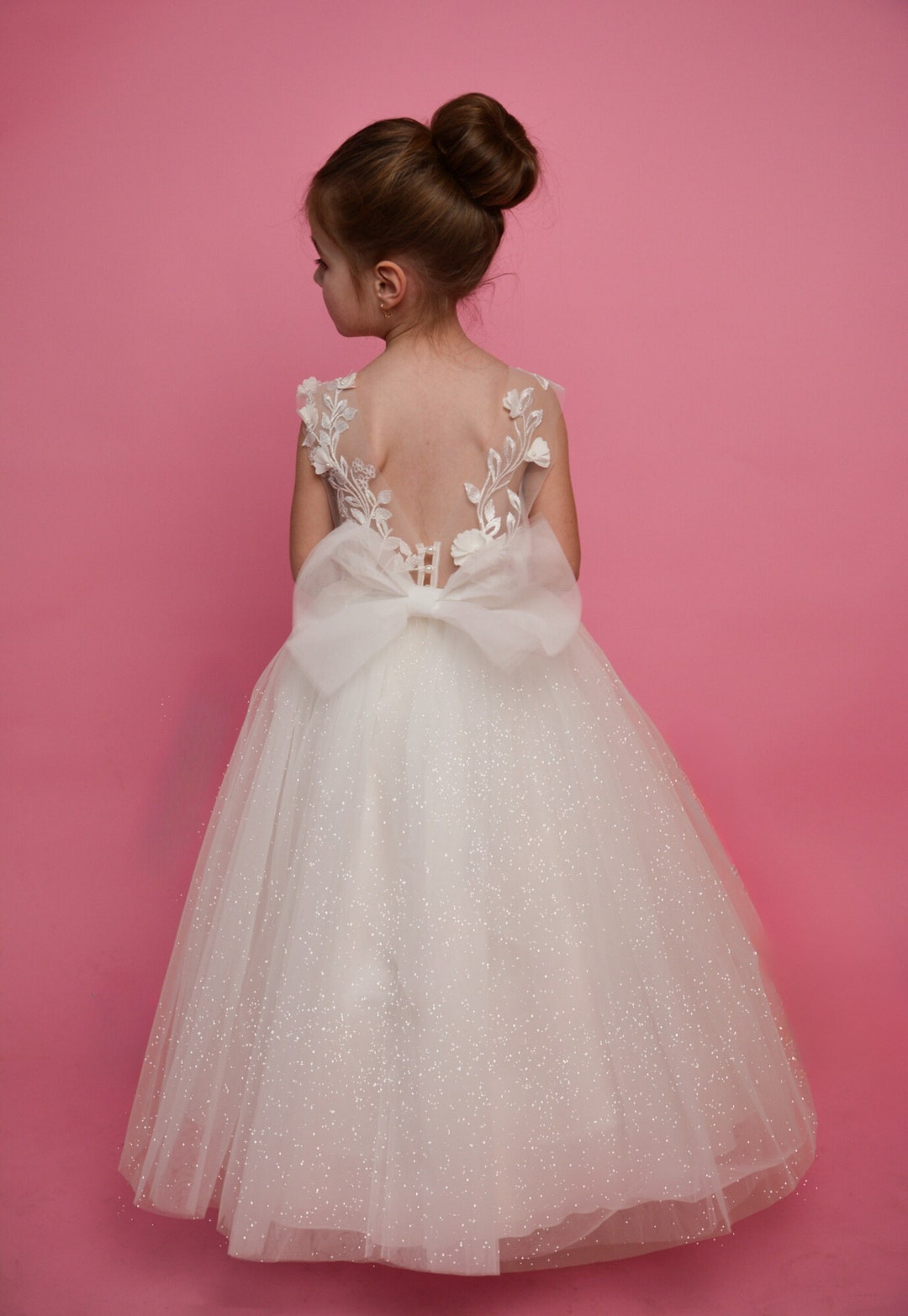 White Glitter Tulle Flower Girl Dress w/ Rose Sash & Flower (7-90P)