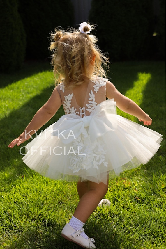 Flower Girl Dress, Short Girl Dress, Toddler White Dress, Lace Flower Girl Dress with Bow, Girl ball Gown Flower Girl Dress, Short Girl Dress, Toddler White Dress, Lace Flower Girl Dress with Bow, Girl ball Gown