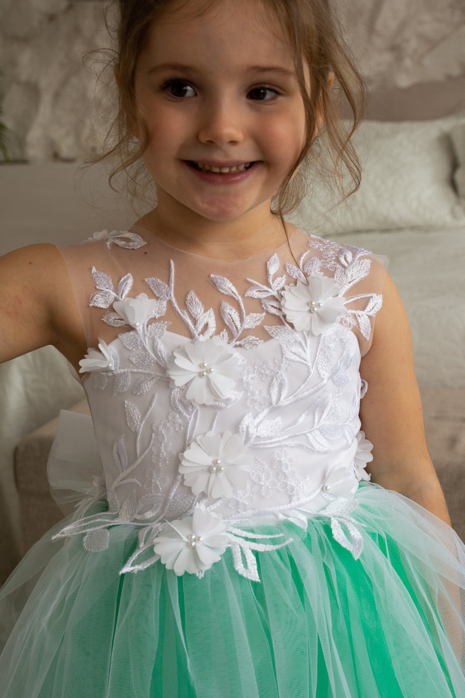 Green Flower Girl Dress With Train Girl Ball Gown Ivory - Etsy
