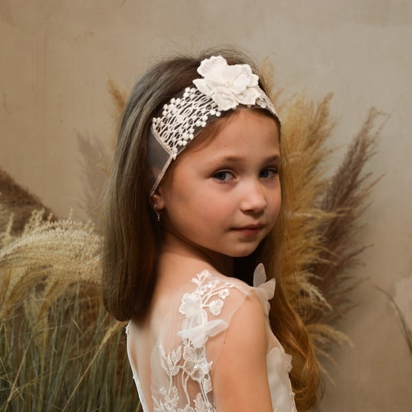 Flower Hair Handband, White Headband for Girls, , Headband for first communion, Ivory flower girl dress