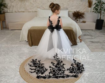Toddler Black Lace Flower girl dress train, Girl ball gown, white flower girl dress, Tutu girl dress