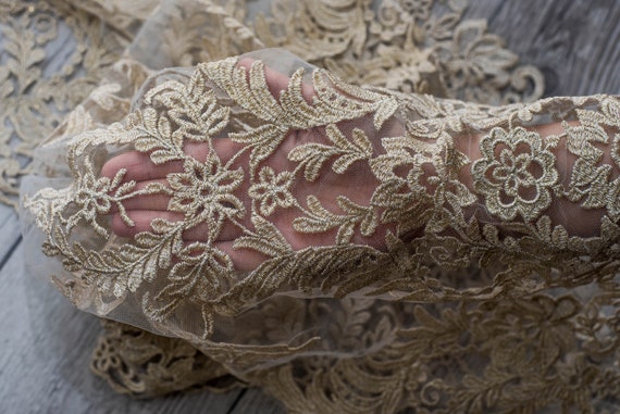 new collection 2020 flower lace bridal lace fabric for wedding dress- Gold wedding dress lace fabric with flowers WL0093