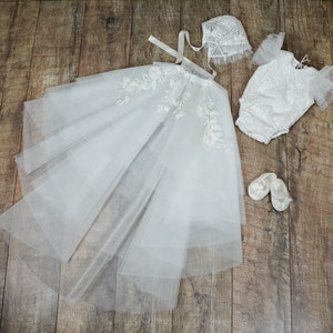 Christening baby outfit, christening gown, baptism dress, baptism gown, Baptism overall with removable skirt