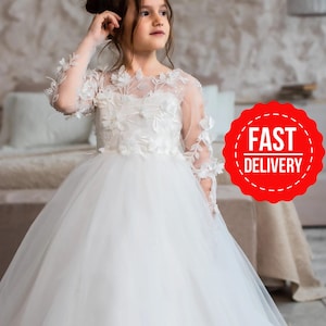 Flower girl dress train, Flower girl dress long sleeve, Ivory girl dress, Flower girl dress classic, Flower girl dress tulle and lace