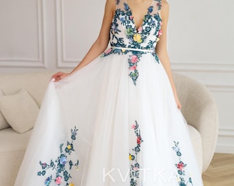 Colored Wedding Dress, Elegant Floral Embroidery A-Line dress, Unique Boho Wedding Dress With Color