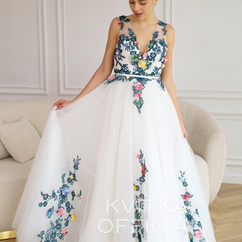 Colored Wedding Dress, Elegant Floral Embroidery A-line Dress, Unique Boho Wedding Dress With Color - Etsy Colored Wedding Dress, Elegant Floral Embroidery A-line Dress, Unique Boho Wedding Dress With Color - Etsy