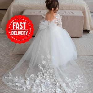 Flower girl dress train, Flower girl dress toddler long sleeve, Ivory girl dress, Flower girl dress classic,Flower girl dress tulle and lace
