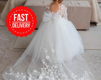 Flower girl dress train, Flower girl dress toddler long sleeve, Ivory girl dress, Flower girl dress classic,Flower girl dress tulle and lace