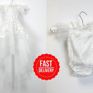 Baby Christening bodysuit, Tulle white christening gown with removable skirt, baptism gown