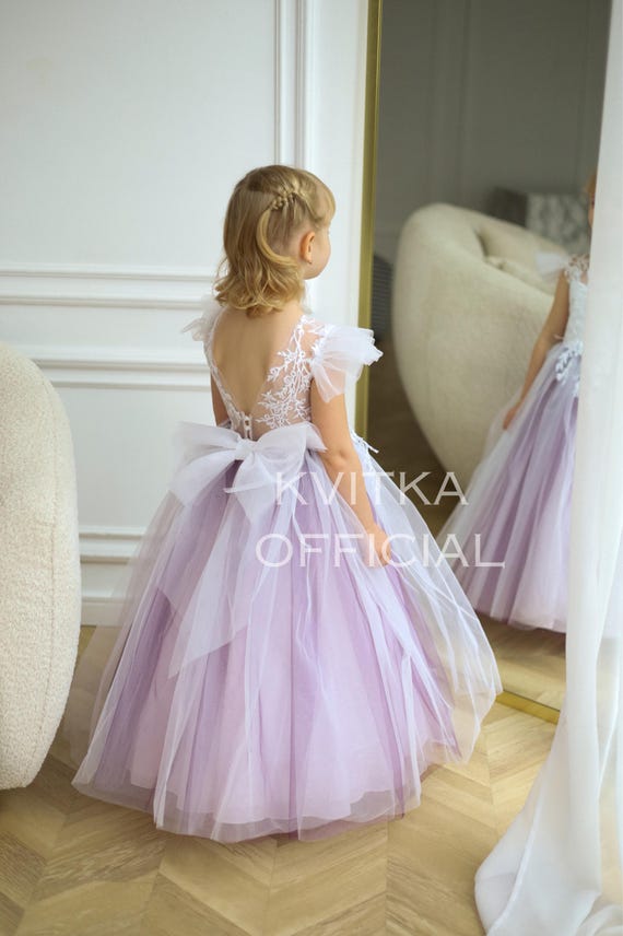 Purple Tulle Flower Girl Dress, Fall Flower Girl Dress With Train