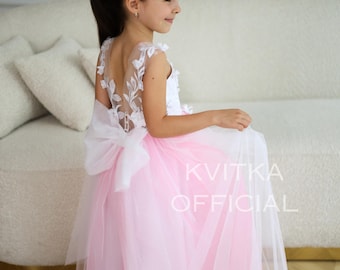 Pink Flower girl dress train,Girl ball gown,Ivory flower girl dress, Tutu girl dress