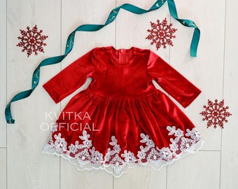Baby Girl Christmas Dress, Red Velour with Ivory Lace Trim (0-2 Years)