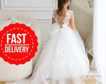 Flower girl dress lace, Ivory flower girl dress, Girl dress tulle, Boho flower girl dress, Flower girl dress baby, Toddler dresses,Ball Gown