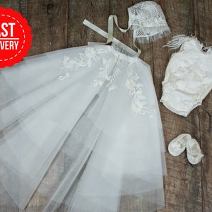Baby Christening bodysuit, Tulle white christening gown with removable skirt, baptism gown