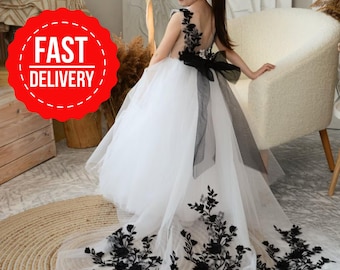 Elegant White Dress with Black Lace and Dramatic Train, Gown with Black Lace, Flower Girl Dress with Beautiful Train