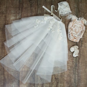 Tulle christening gown with removable skirt, baby bodysuit, baby dress, baptism gown, christening dress