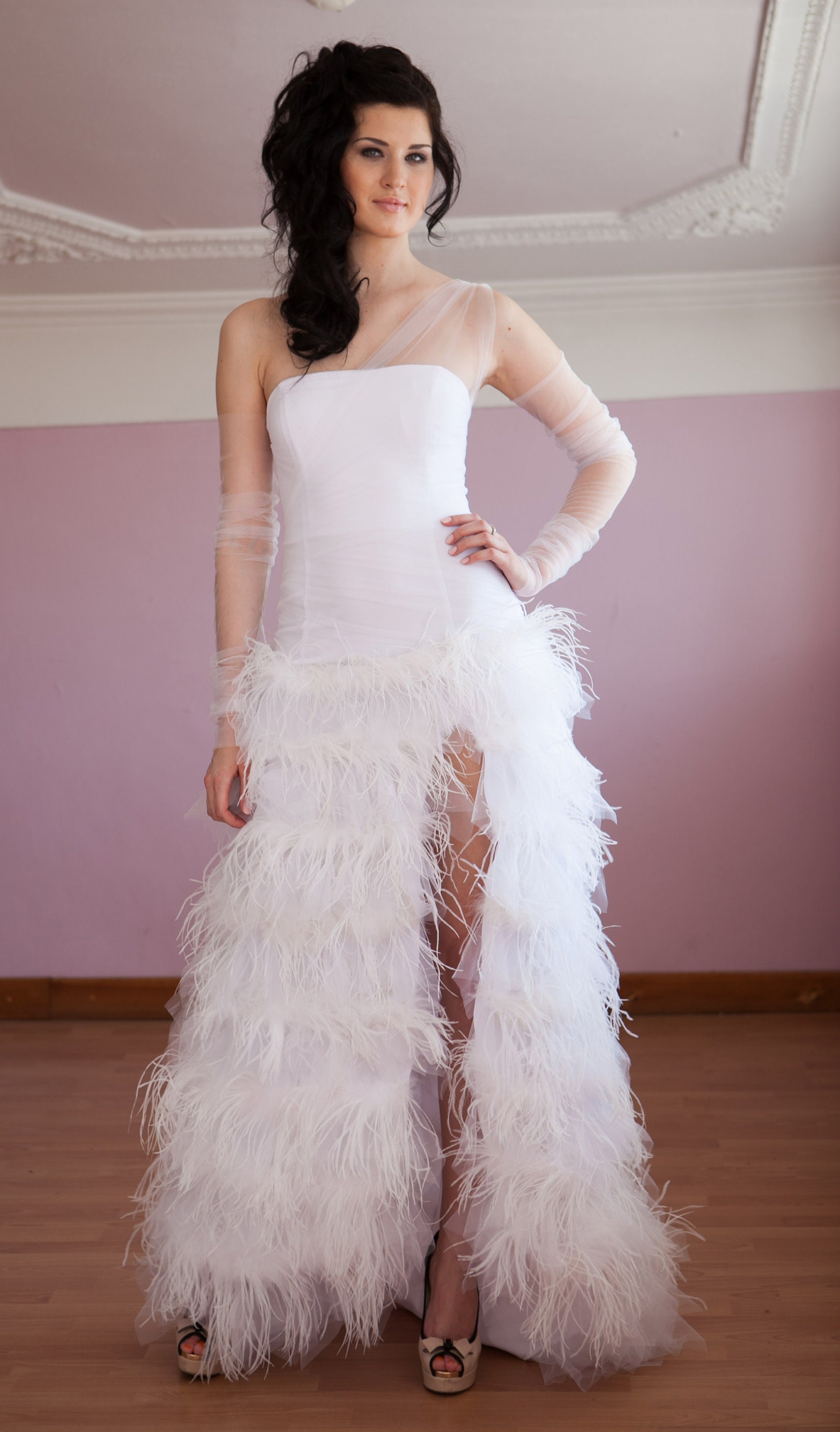 Black Party Dress. Black Wedding Dress. Ostrich Feathers