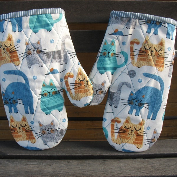 Oven gloves Happy Cats in turquoise gray