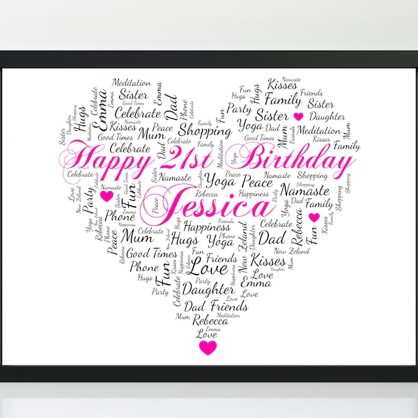 Personalised 21st Birthday Gift - Customised Birthday Heart Print  - Word Art Keepsake Unique Present 21 Year Old Women Girl Daughter Her