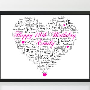 Digital Download - Personalised 18th Birthday Gift - Customised Birthday Heart Print  - Word Art Keepsake Unique Present 18 Year Old Girl