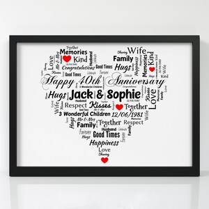 May include: A black and white heart-shaped word cloud with the text "Happy 40th Anniversary Jack & Sophie" in the centre. The word cloud is surrounded by words such as "love", "family", "hugs", "kisses", and "respect".