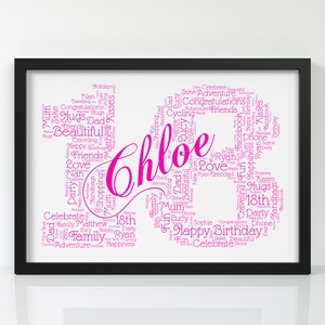May include: A pink and white word cloud in the shape of the number 18 with the name "Chloe" in a larger font. The word cloud includes words like "Happy Birthday", "Love", "Friends", "Family", and "Celebrate".