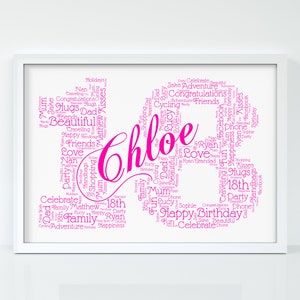 May include: A pink word cloud art print with the name "Chloe" in a large, cursive font. The word cloud is shaped like the number 18 and includes words like "Happy Birthday", "Love", "Friends", and "Family".